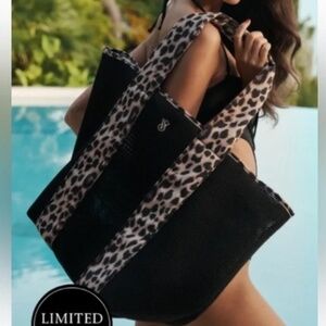 NWT Victoria's Secret Black Leopard Print Mesh Beach Pool Bag Large Tote